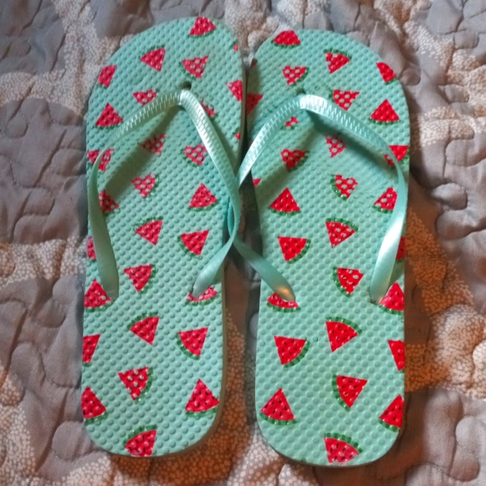 Watermelon print flip flops